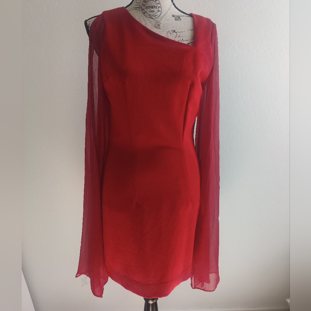Shirin Askari Long Flare statement cape silk sleeves midi dress_Small